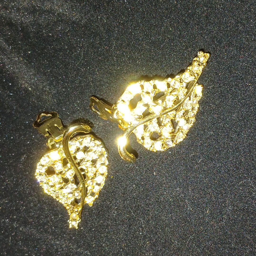 Dodds Clip On Earrings Gold Rhinestone Gold Tone Branches Design Costume Jewelry